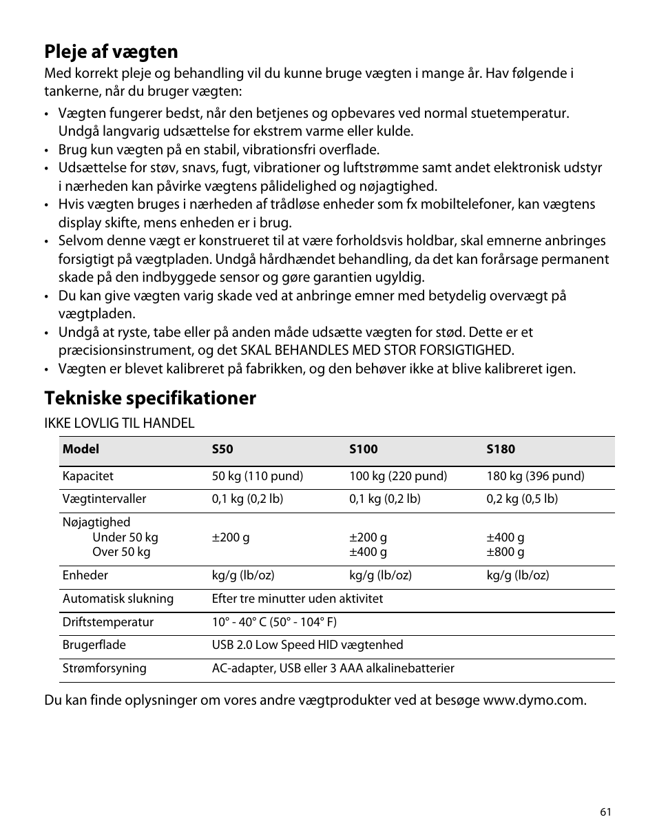 Pleje af vægten, Tekniske specifikationer | Dymo S50 User Manual | Page 65 / 134