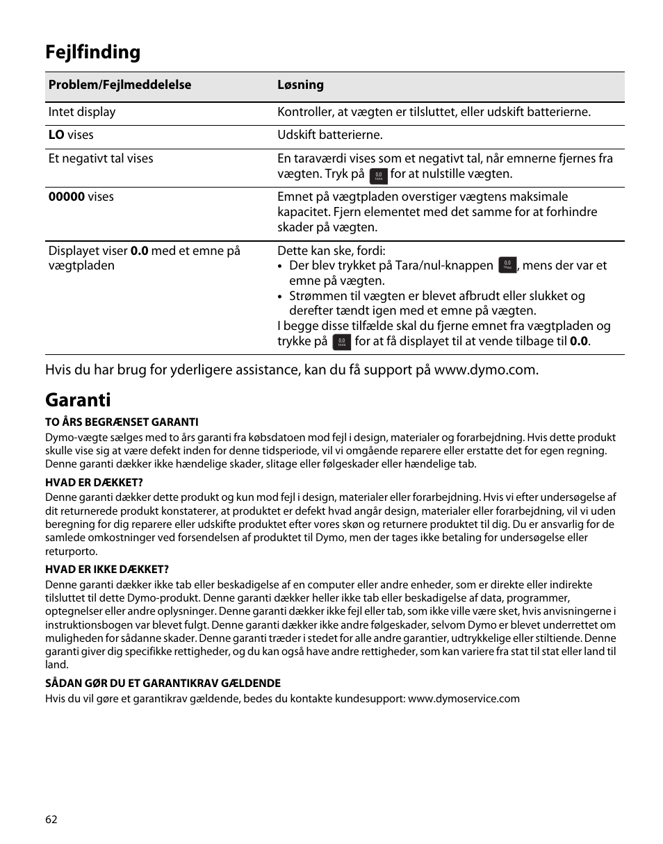 Fejlfinding, Garanti | Dymo S50 User Manual | Page 66 / 134