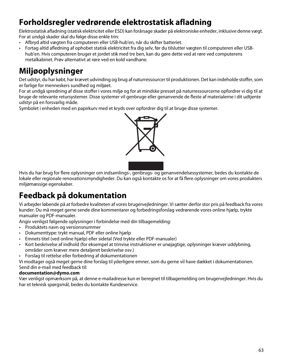 Forholdsregler vedrørende elektrostatisk afladning, Miljøoplysninger, Feedback på dokumentation | Dymo S50 User Manual | Page 67 / 134