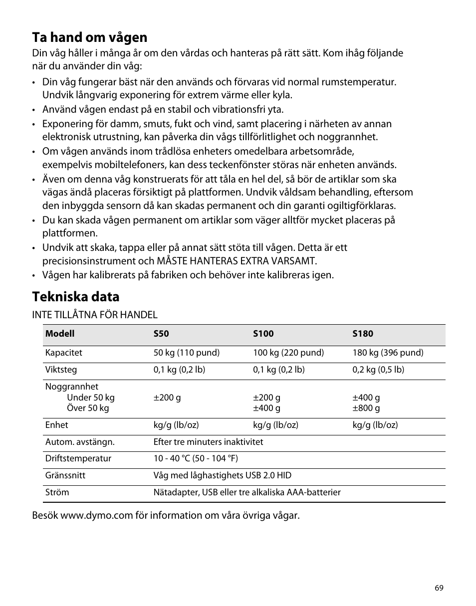 Ta hand om vågen, Tekniska data | Dymo S50 User Manual | Page 73 / 134