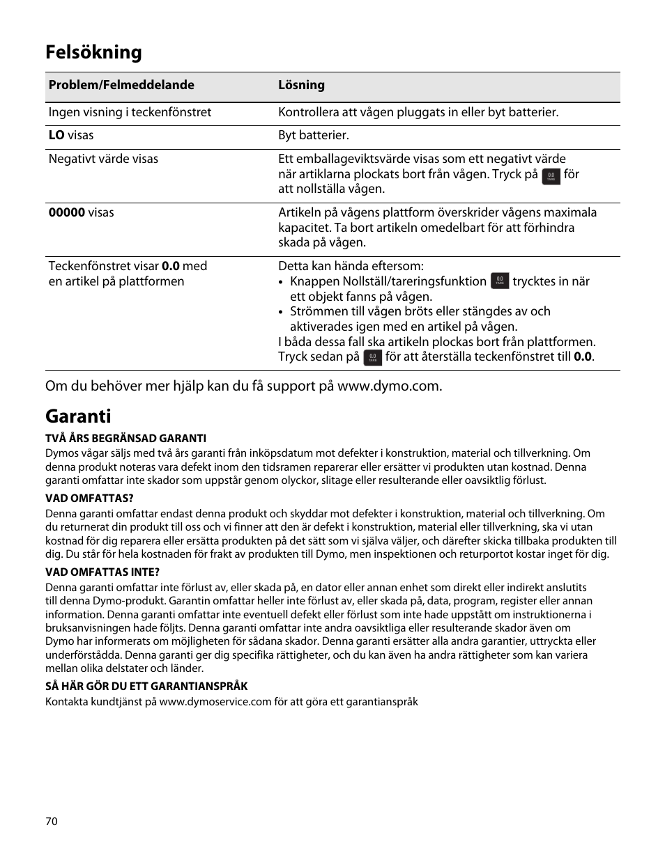 Felsökning, Garanti | Dymo S50 User Manual | Page 74 / 134