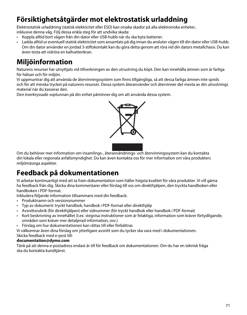 Miljöinformation, Feedback på dokumentationen | Dymo S50 User Manual | Page 75 / 134