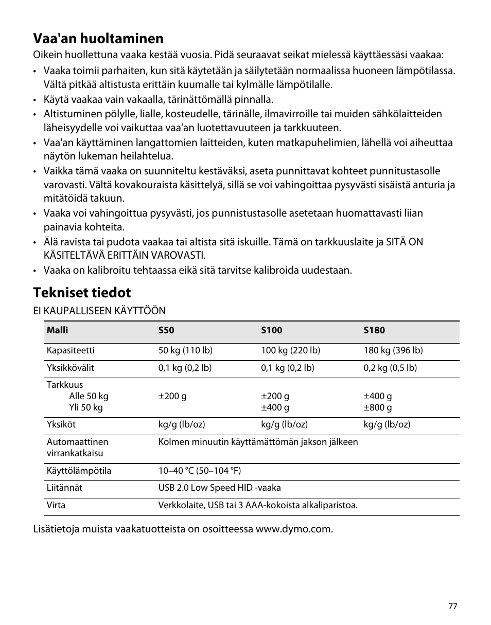 Vaa'an huoltaminen, Tekniset tiedot | Dymo S50 User Manual | Page 81 / 134