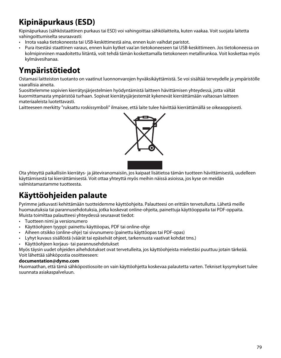 Kipinäpurkaus (esd), Ympäristötiedot, Käyttöohjeiden palaute | Dymo S50 User Manual | Page 83 / 134