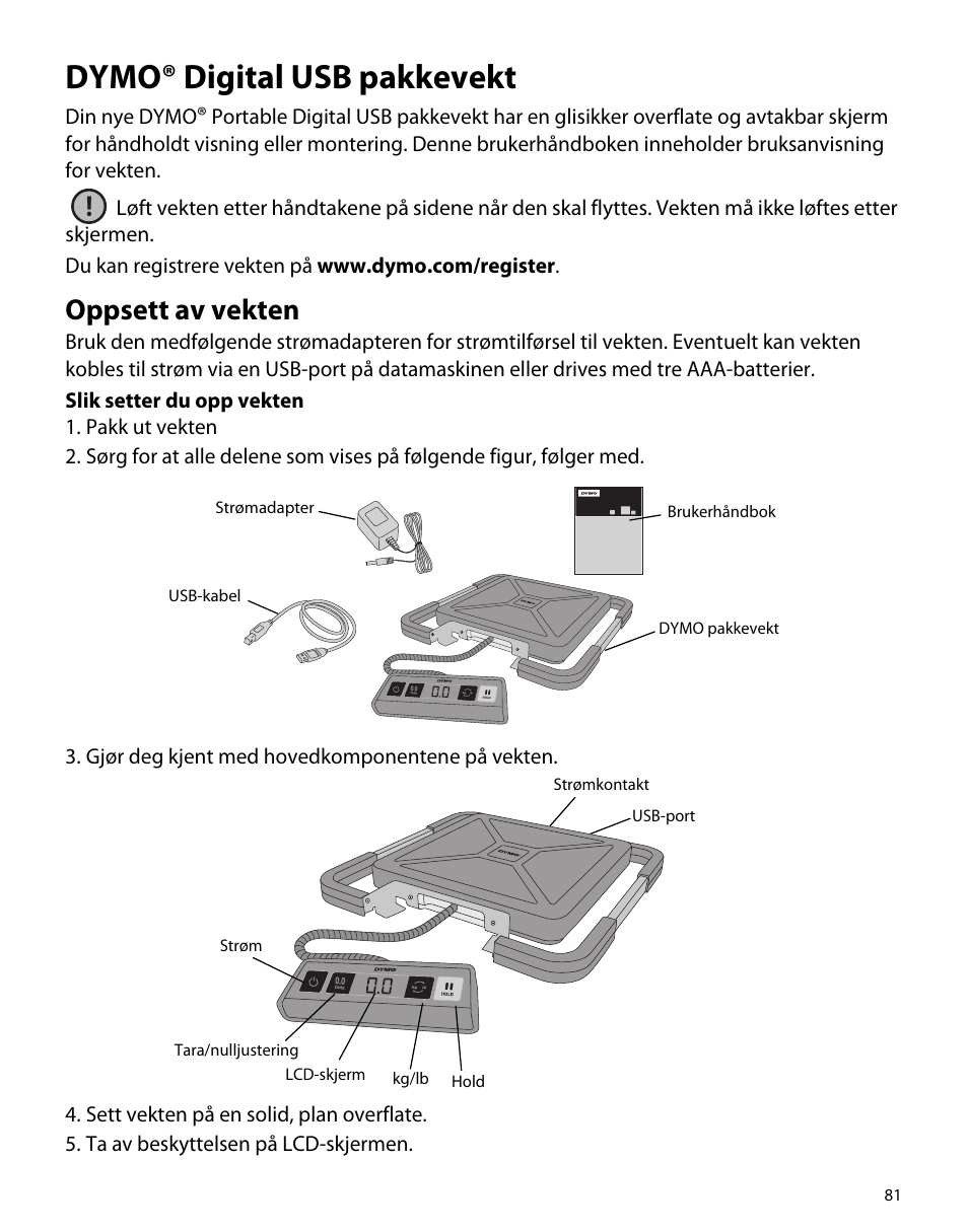 Dymo® digital usb pakkevekt, Oppsett av vekten | Dymo S50 User Manual | Page 85 / 134