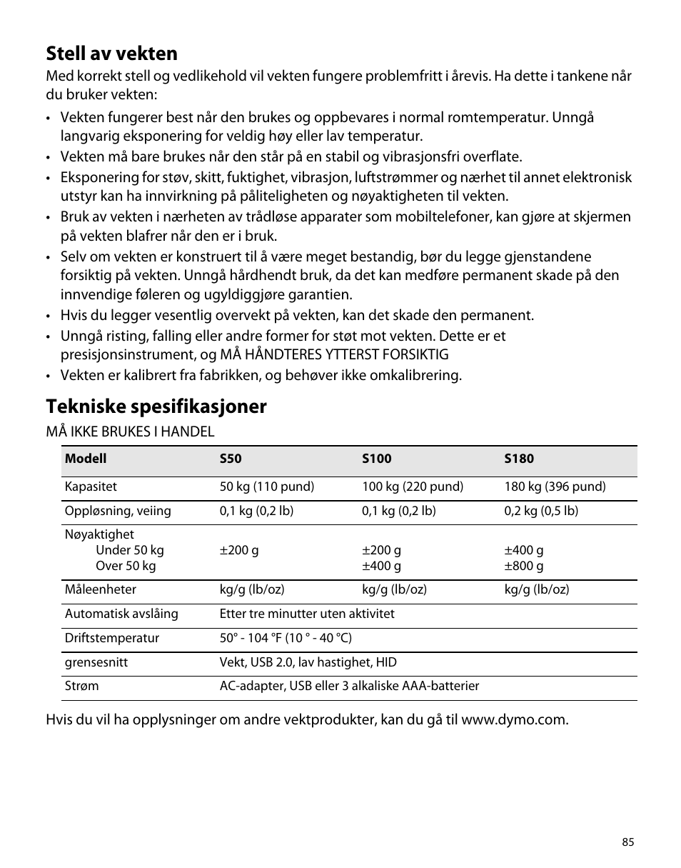 Stell av vekten, Tekniske spesifikasjoner | Dymo S50 User Manual | Page 89 / 134