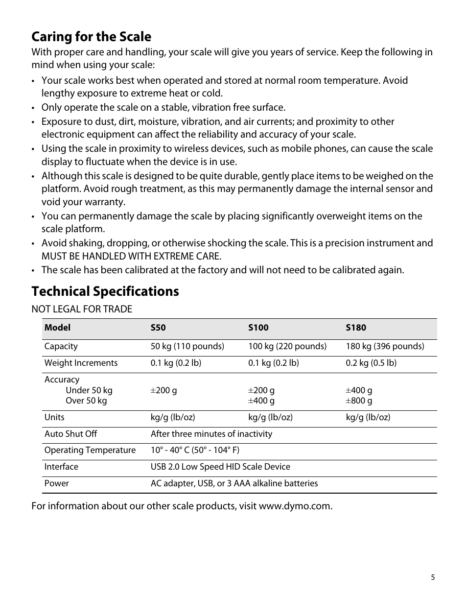 Caring for the scale, Technical specifications | Dymo S50 User Manual | Page 9 / 134