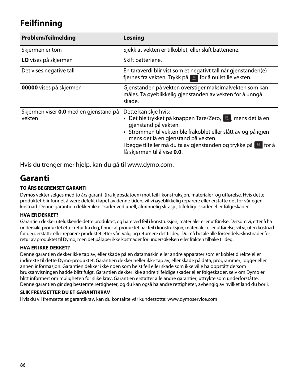 Feilfinning, Garanti | Dymo S50 User Manual | Page 90 / 134