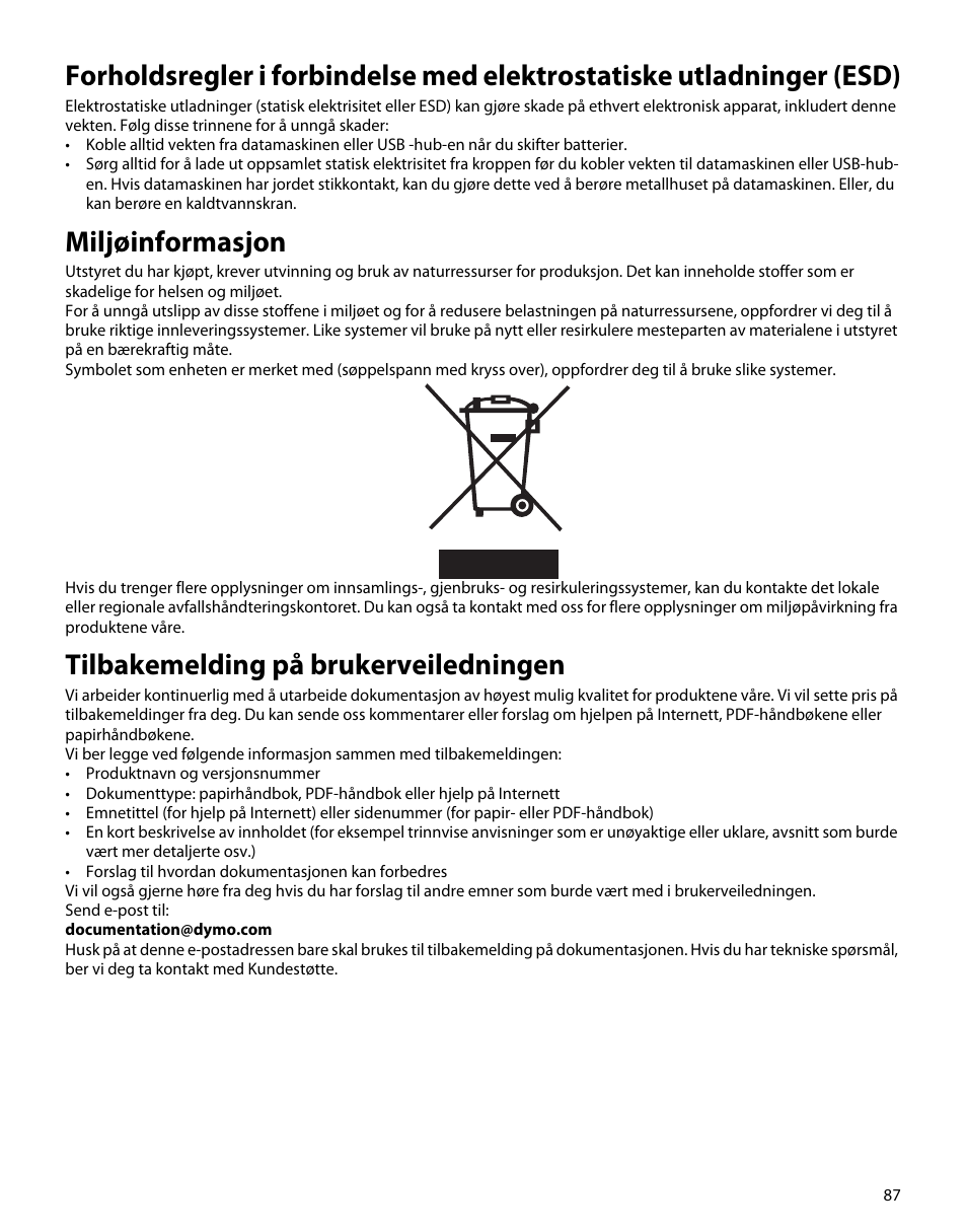 Miljøinformasjon, Tilbakemelding på brukerveiledningen | Dymo S50 User Manual | Page 91 / 134