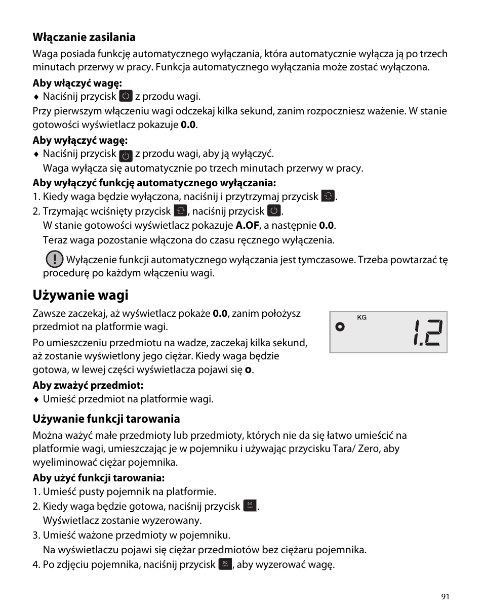 Włączanie zasilania, Używanie wagi, Używanie funkcji tarowania | Dymo S50 User Manual | Page 95 / 134