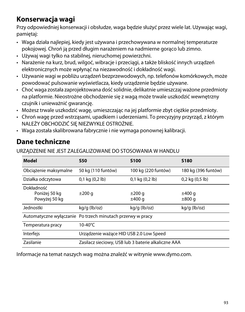 Konserwacja wagi, Dane techniczne | Dymo S50 User Manual | Page 97 / 134
