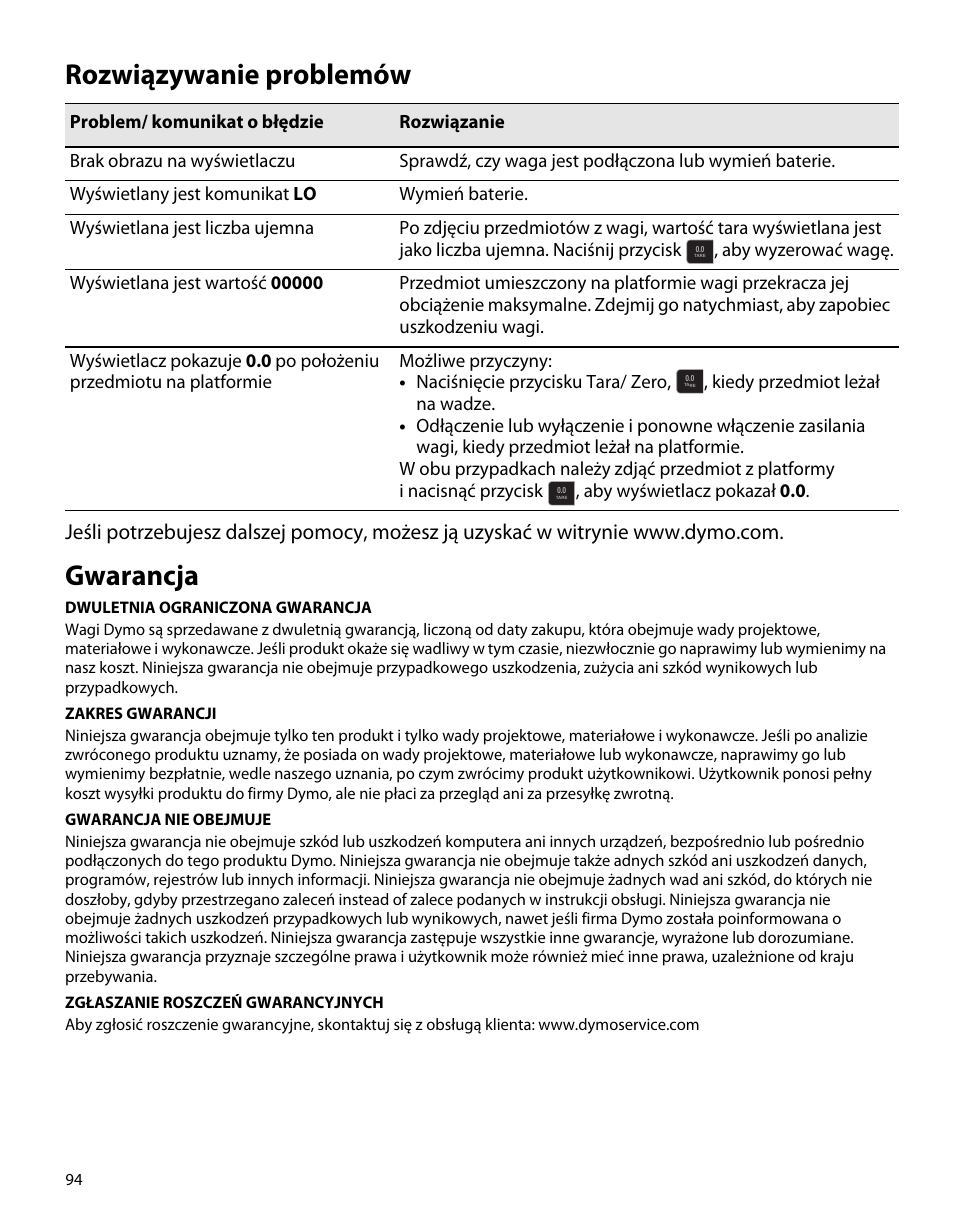 Rozwiązywanie problemów, Gwarancja | Dymo S50 User Manual | Page 98 / 134