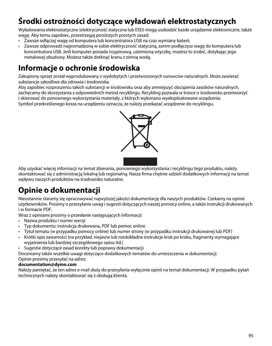 Informacje o ochronie środowiska, Opinie o dokumentacji | Dymo S50 User Manual | Page 99 / 134