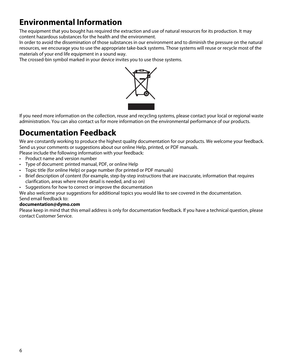 Environmental information, Documentation feedback | Dymo M5 User Manual | Page 10 / 102