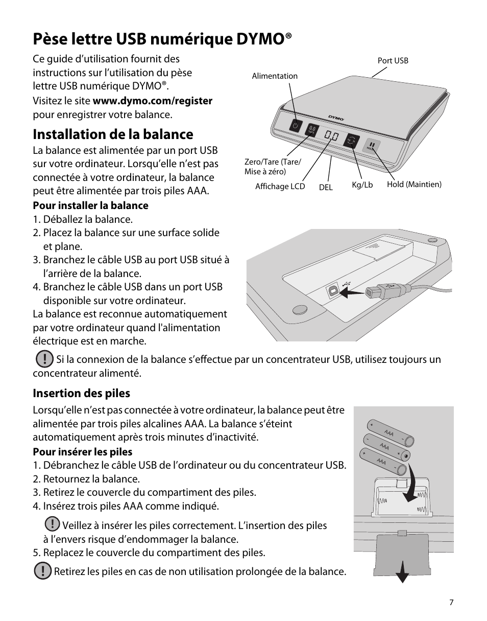 Pèse lettre usb numérique dymo, Installation de la balance, Insertion des piles | Dymo M5 User Manual | Page 11 / 102