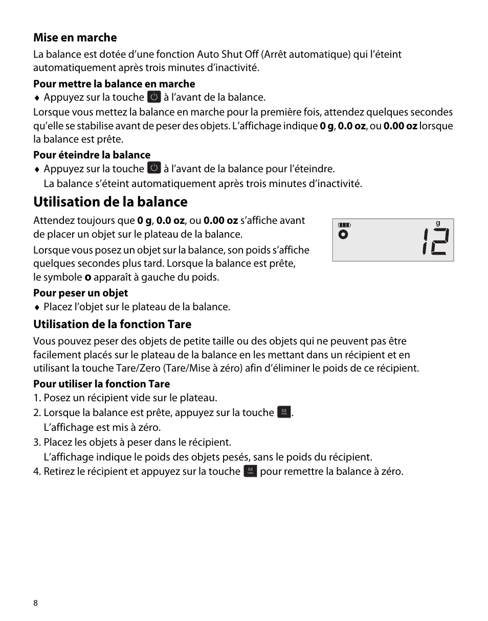 Mise en marche, Utilisation de la balance, Utilisation de la fonction tare | Dymo M5 User Manual | Page 12 / 102