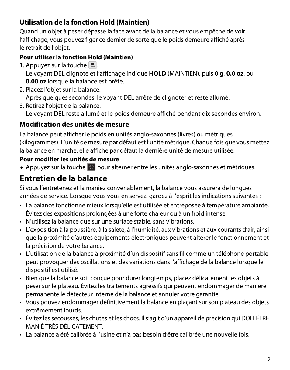 Utilisation de la fonction hold (maintien), Modification des unités de mesure, Entretien de la balance | Dymo M5 User Manual | Page 13 / 102