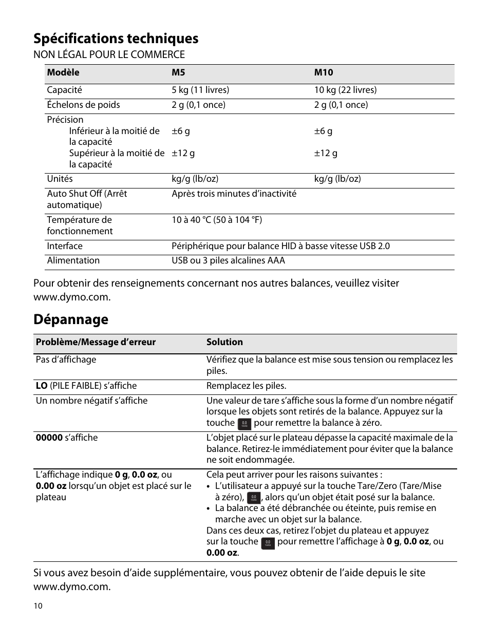 Spécifications techniques, Dépannage | Dymo M5 User Manual | Page 14 / 102