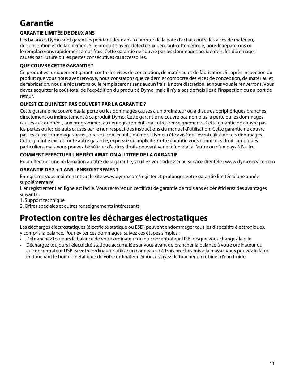 Garantie, Protection contre les décharges électrostatiques | Dymo M5 User Manual | Page 15 / 102