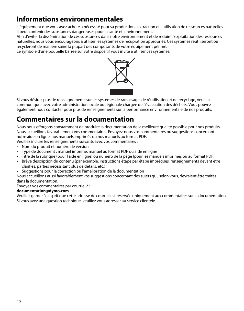 Informations environnementales, Commentaires sur la documentation | Dymo M5 User Manual | Page 16 / 102