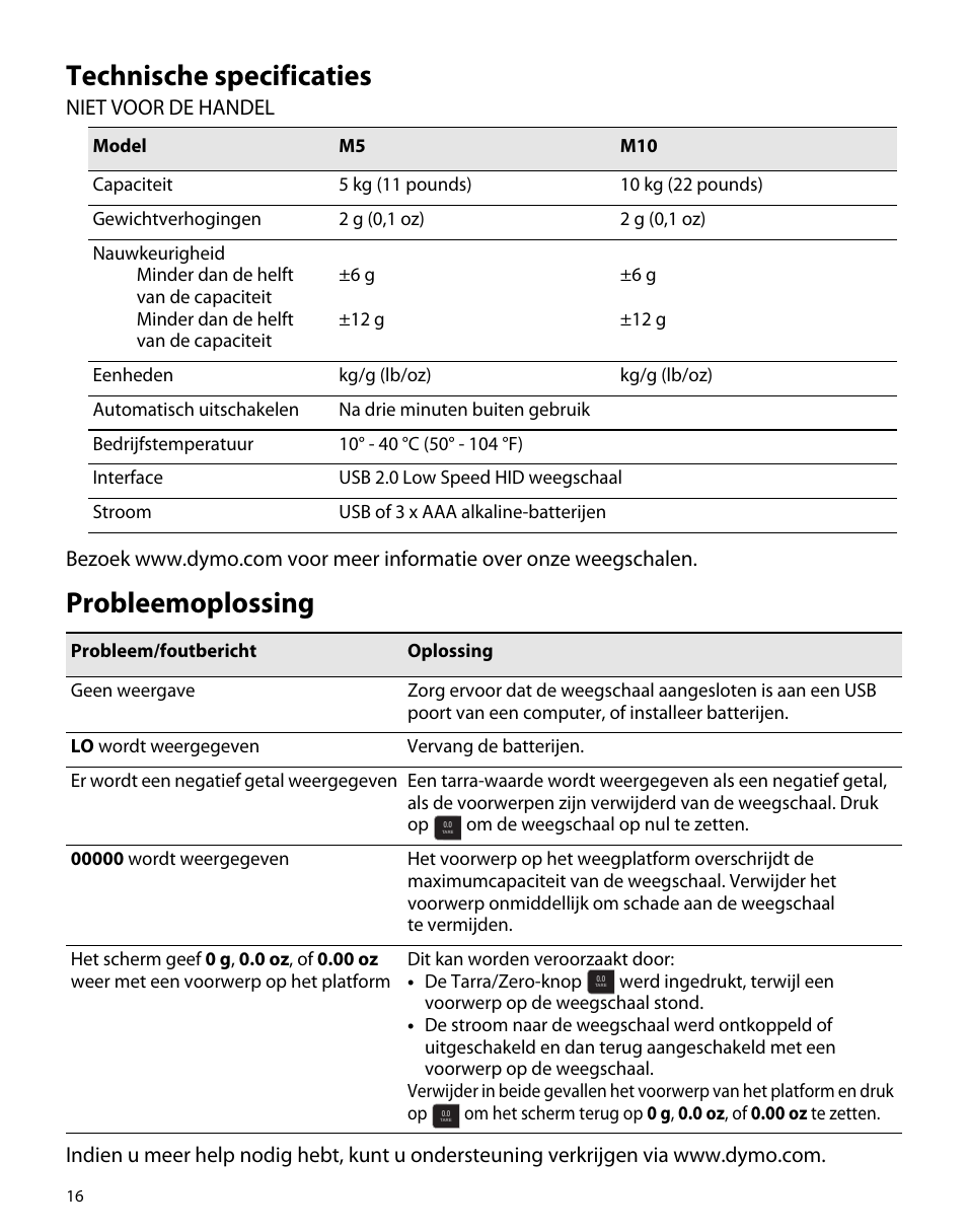 Technische specificaties, Probleemoplossing | Dymo M5 User Manual | Page 20 / 102