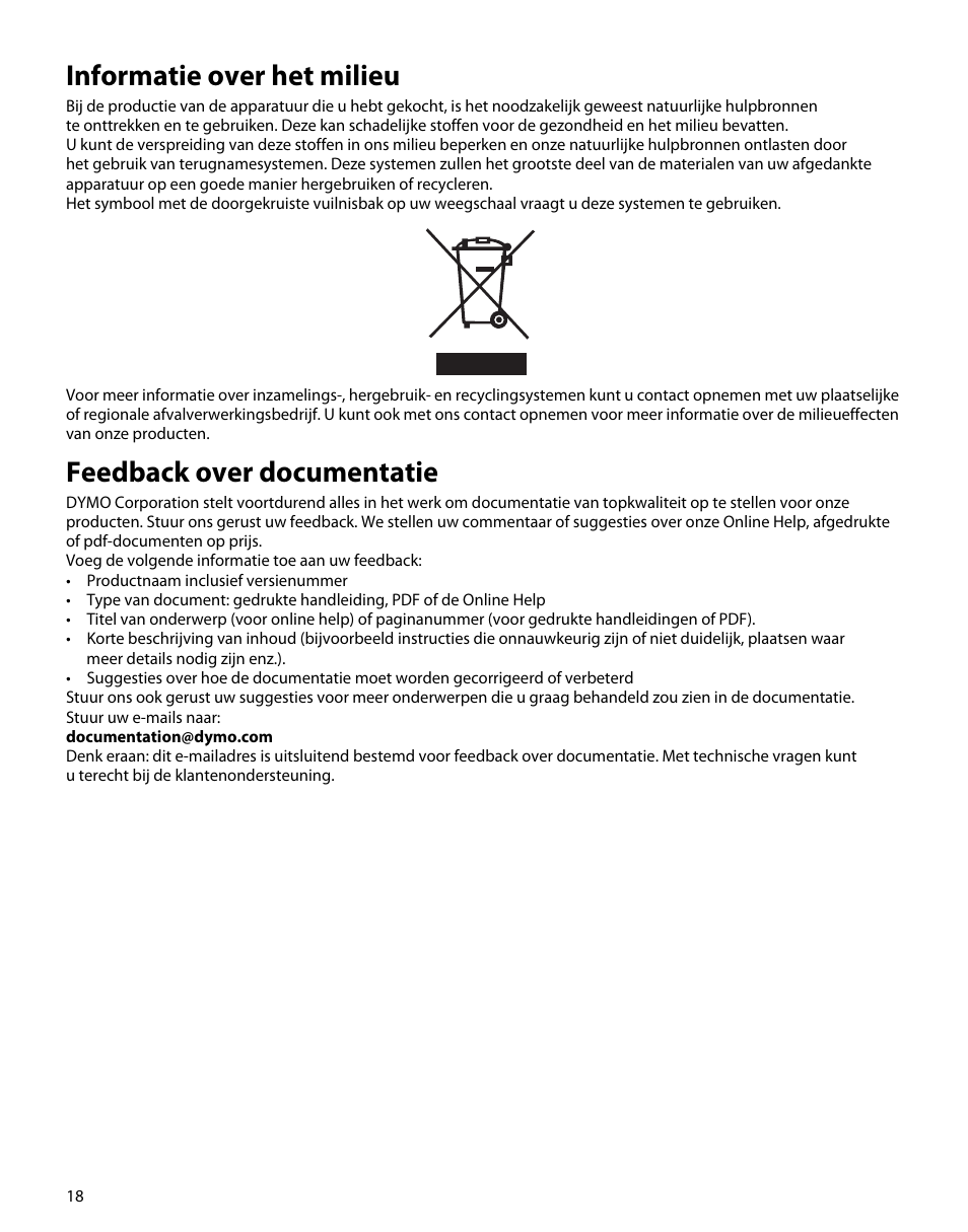 Informatie over het milieu, Feedback over documentatie | Dymo M5 User Manual | Page 22 / 102