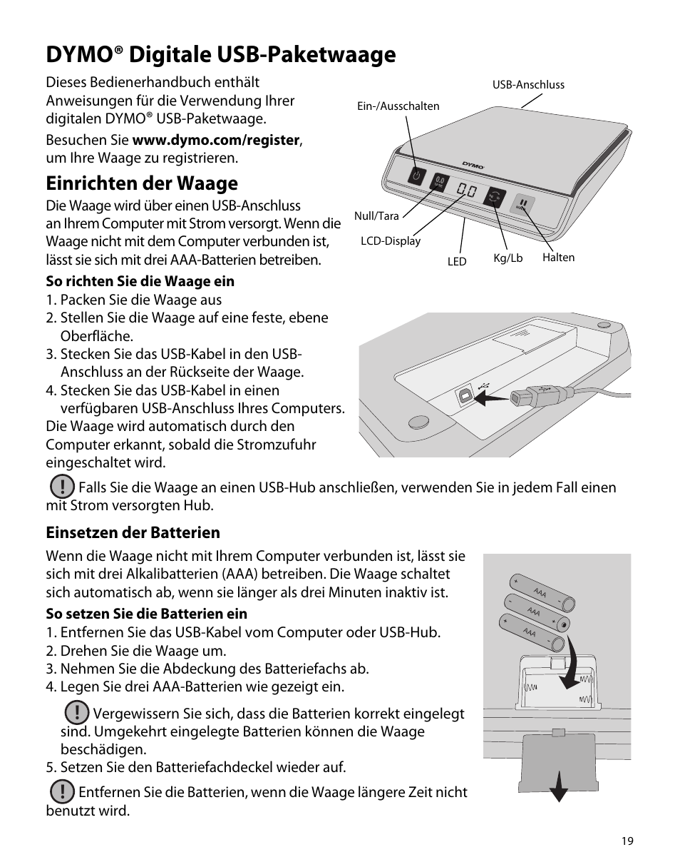 Dymo® digitale usb-paketwaage, Einrichten der waage, Einsetzen der batterien | Dymo M5 User Manual | Page 23 / 102