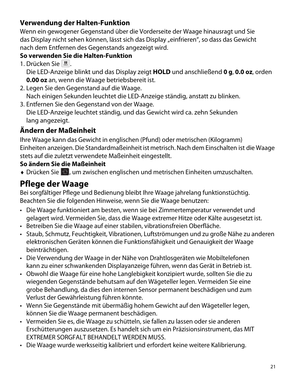 Verwendung der halten-funktion, Ändern der maßeinheit, Pflege der waage | Dymo M5 User Manual | Page 25 / 102