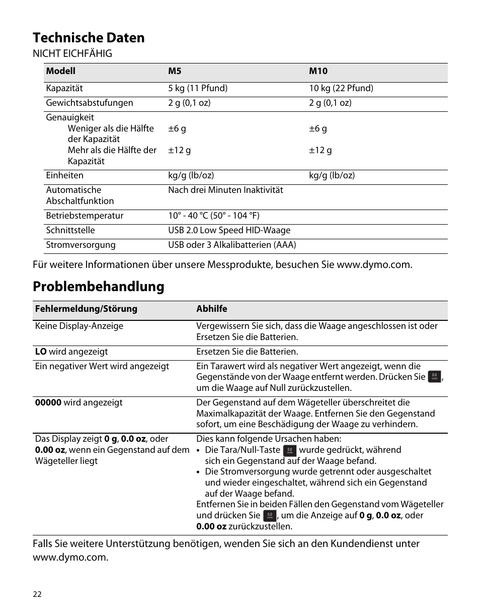 Technische daten, Problembehandlung | Dymo M5 User Manual | Page 26 / 102