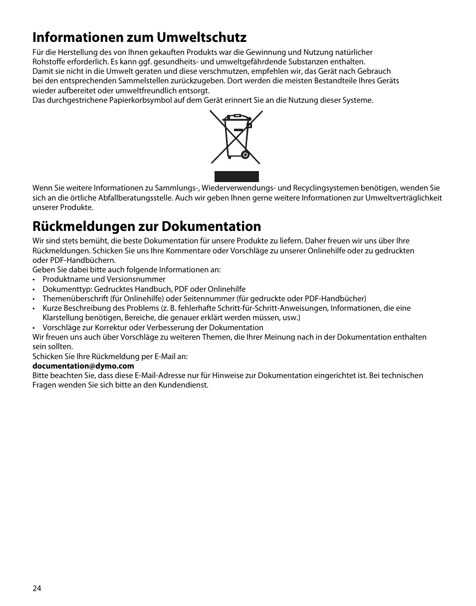 Informationen zum umweltschutz, Rückmeldungen zur dokumentation | Dymo M5 User Manual | Page 28 / 102