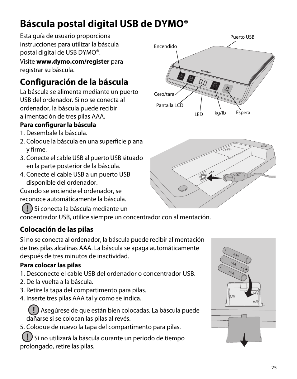 Báscula postal digital usb de dymo, Configuración de la báscula, Colocación de las pilas | Dymo M5 User Manual | Page 29 / 102