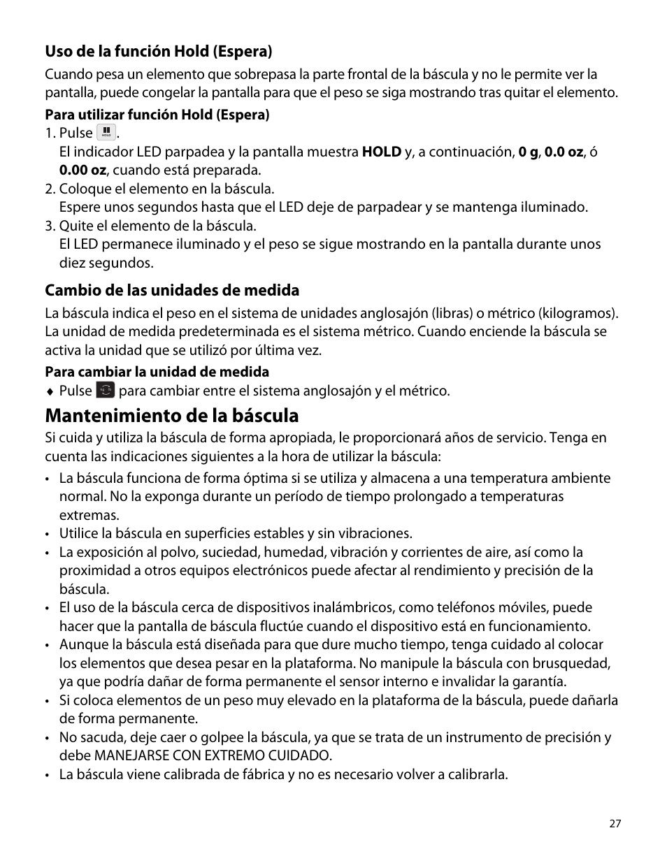 Uso de la función hold (espera), Cambio de las unidades de medida, Mantenimiento de la báscula | Dymo M5 User Manual | Page 31 / 102