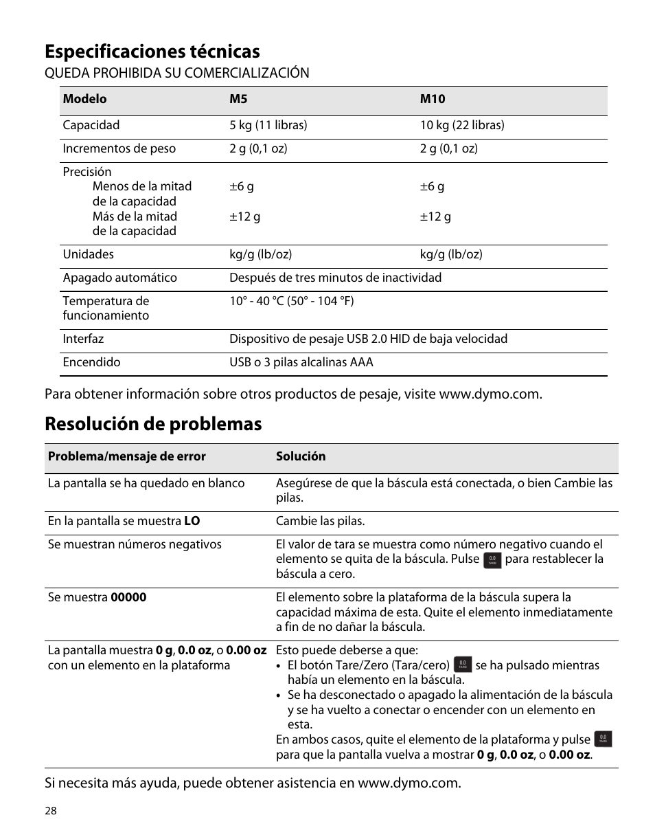 Especificaciones técnicas, Resolución de problemas | Dymo M5 User Manual | Page 32 / 102