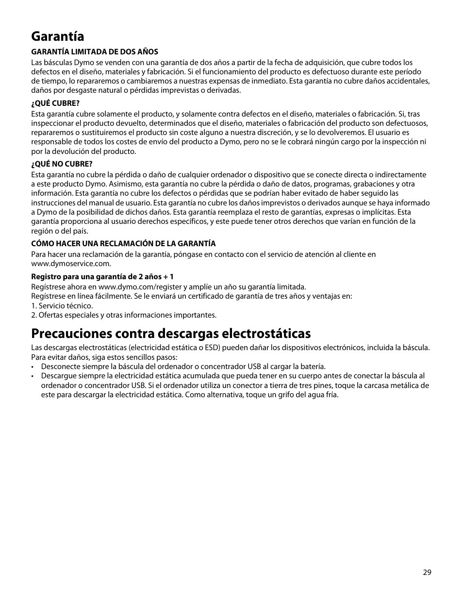 Garantía, Precauciones contra descargas electrostáticas | Dymo M5 User Manual | Page 33 / 102