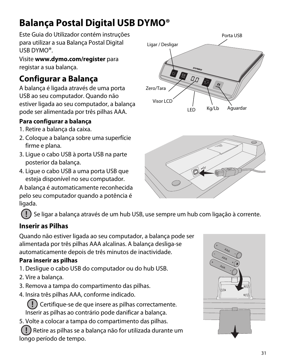 Balança postal digital usb dymo, Configurar a balança, Inserir as pilhas | Dymo M5 User Manual | Page 35 / 102