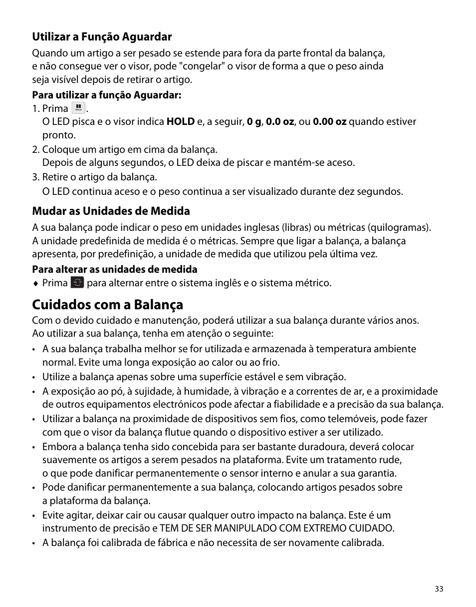 Utilizar a função aguardar, Mudar as unidades de medida, Cuidados com a balança | Dymo M5 User Manual | Page 37 / 102