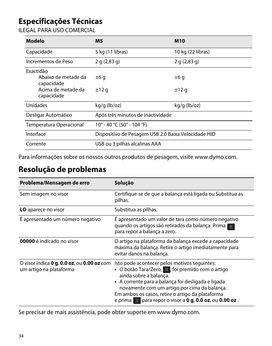 Especificações técnicas, Resolução de problemas | Dymo M5 User Manual | Page 38 / 102