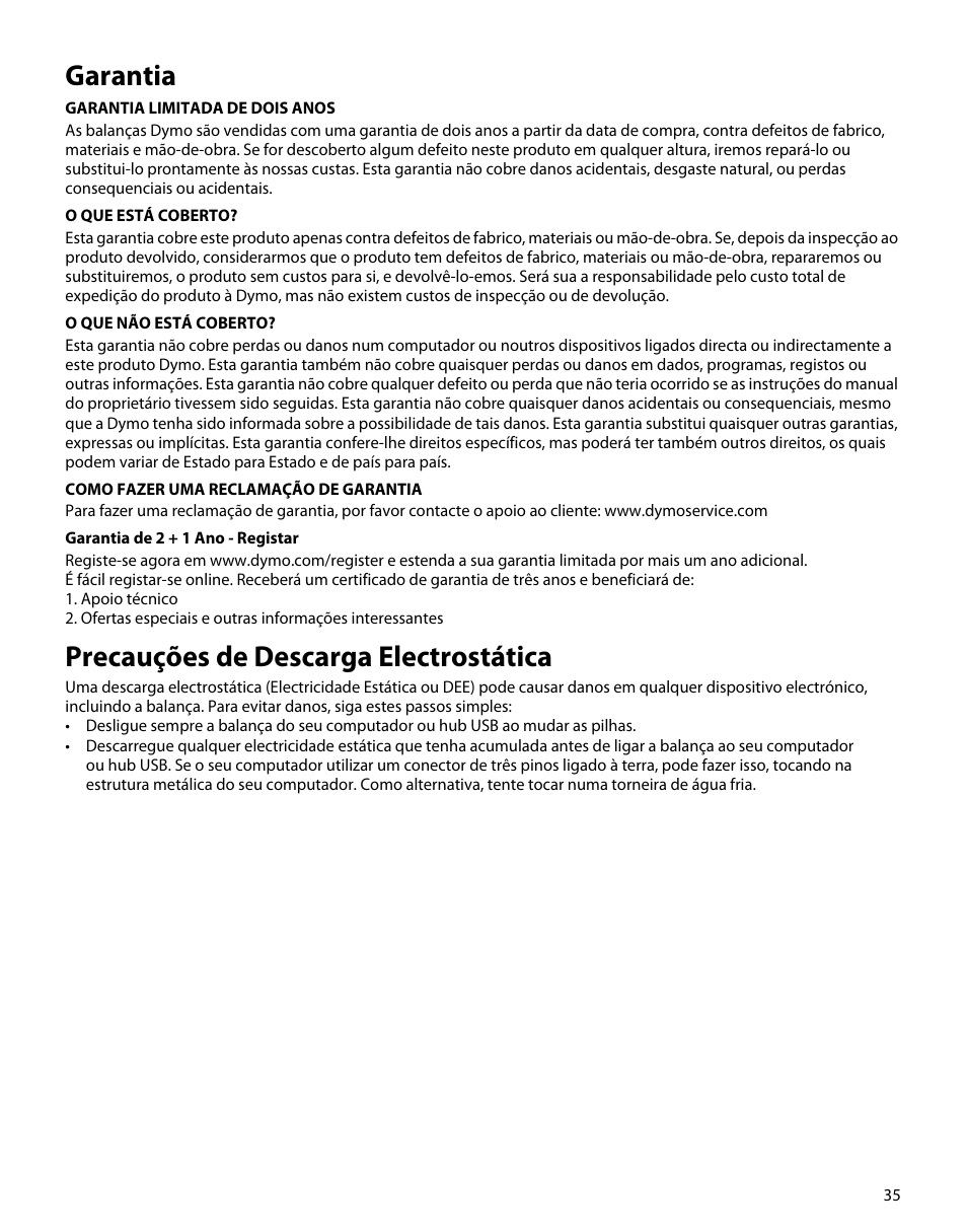 Garantia, Precauções de descarga electrostática | Dymo M5 User Manual | Page 39 / 102