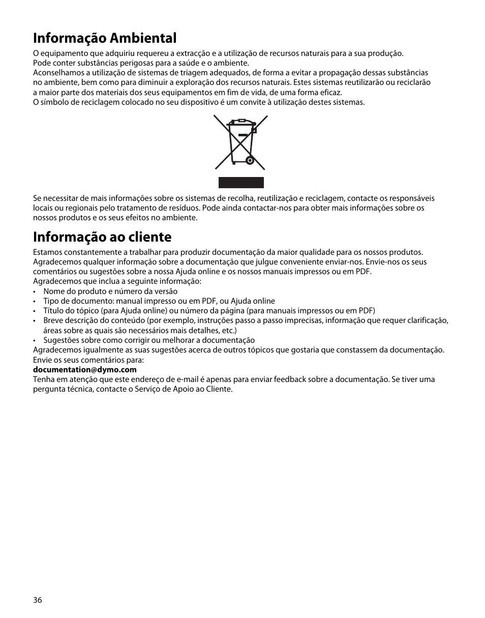 Informação ambiental, Informação ao cliente | Dymo M5 User Manual | Page 40 / 102