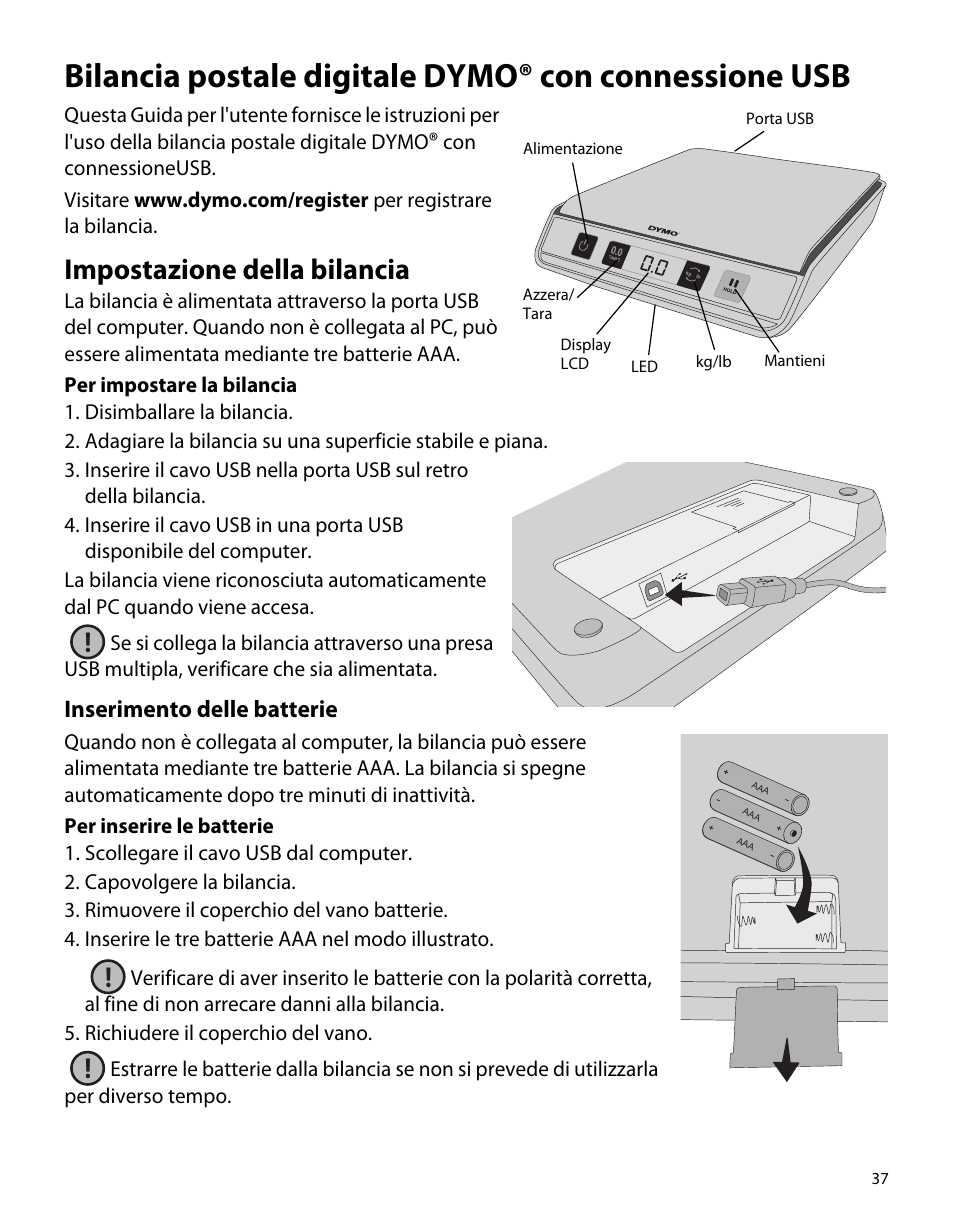 Impostazione della bilancia, Inserimento delle batterie | Dymo M5 User Manual | Page 41 / 102