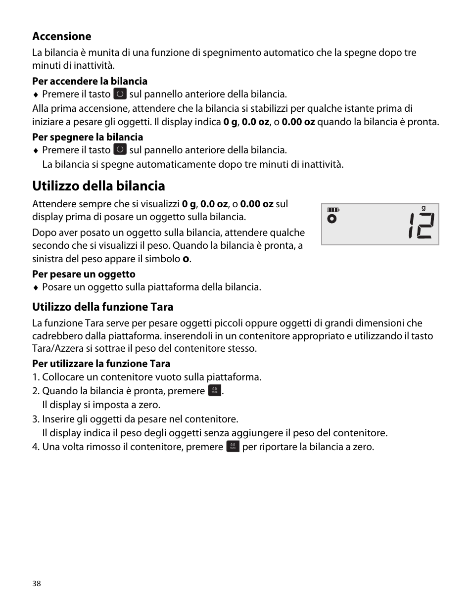 Accensione, Utilizzo della bilancia, Utilizzo della funzione tara | Dymo M5 User Manual | Page 42 / 102