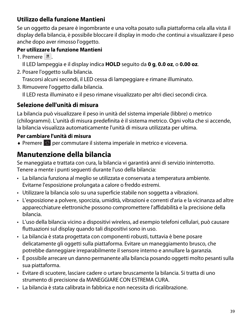 Utilizzo della funzione mantieni, Selezione dell'unità di misura, Manutenzione della bilancia | Dymo M5 User Manual | Page 43 / 102