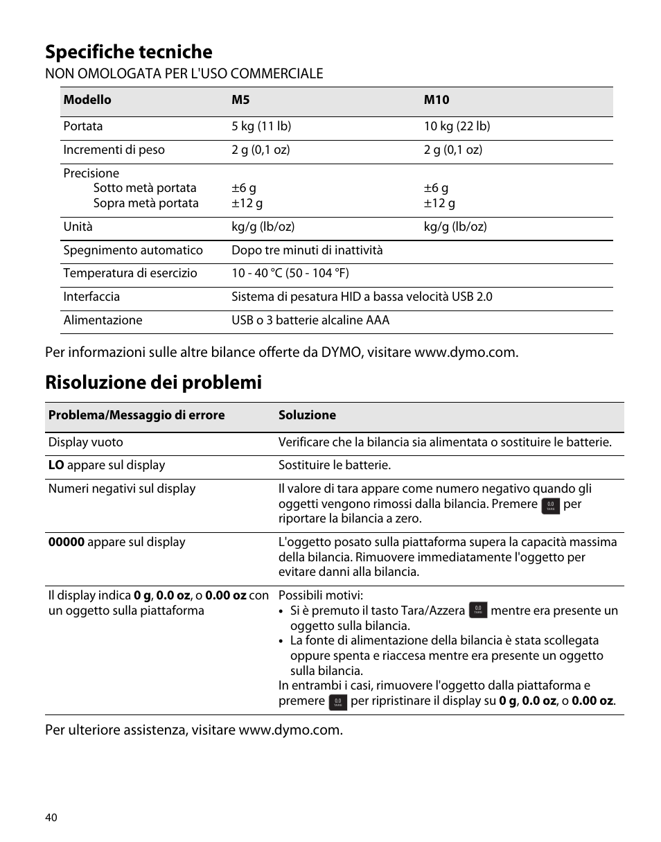 Specifiche tecniche, Risoluzione dei problemi | Dymo M5 User Manual | Page 44 / 102