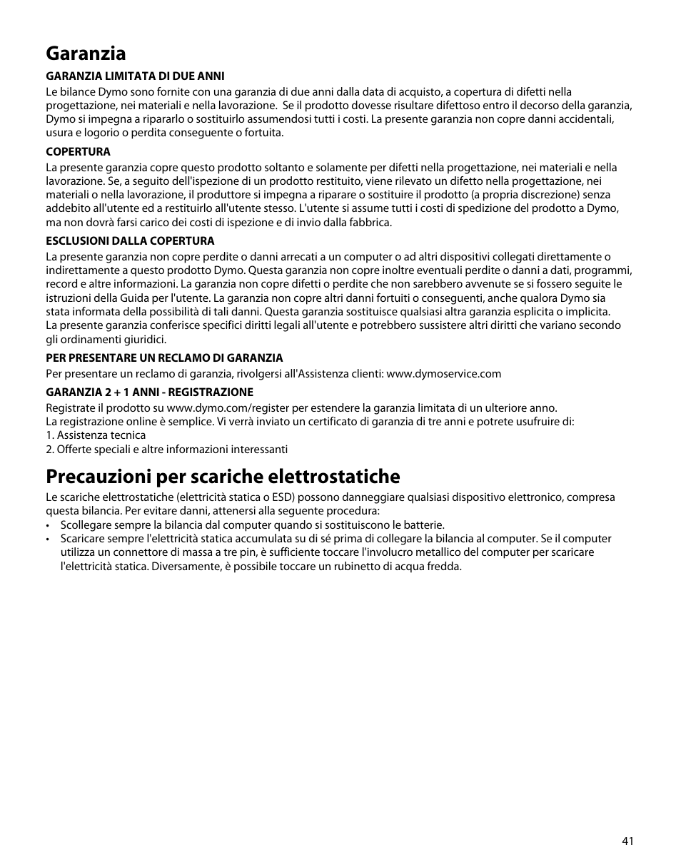 Garanzia, Precauzioni per scariche elettrostatiche | Dymo M5 User Manual | Page 45 / 102