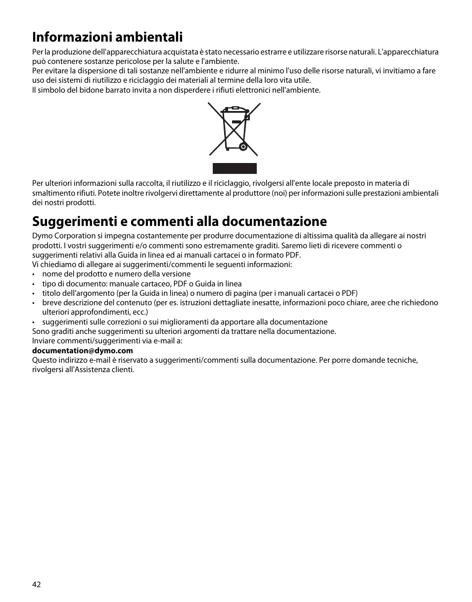 Informazioni ambientali, Suggerimenti e commenti alla documentazione | Dymo M5 User Manual | Page 46 / 102