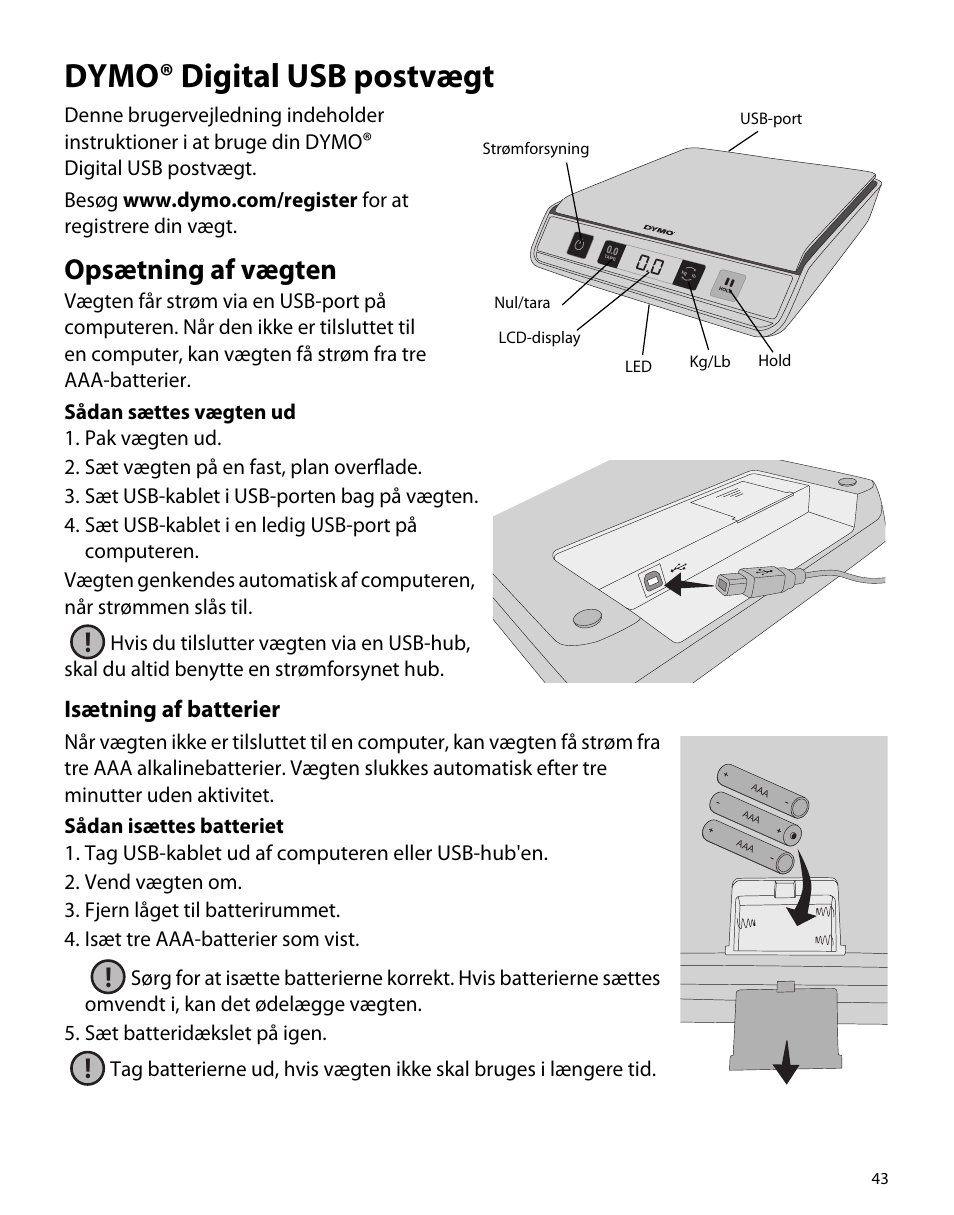 Dymo® digital usb postvægt, Opsætning af vægten, Isætning af batterier | Dymo M5 User Manual | Page 47 / 102