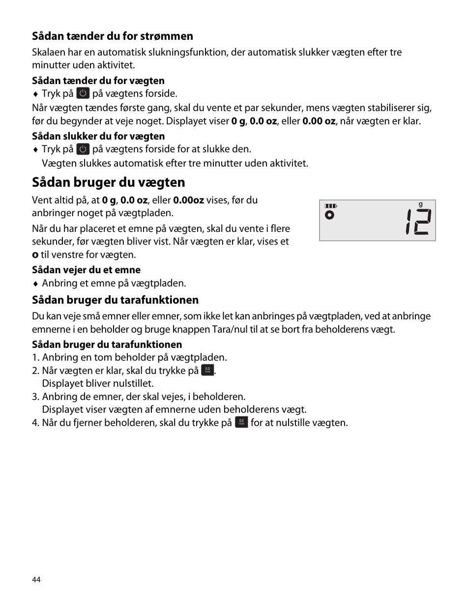 Sådan tænder du for strømmen, Sådan bruger du vægten, Sådan bruger du tarafunktionen | Dymo M5 User Manual | Page 48 / 102