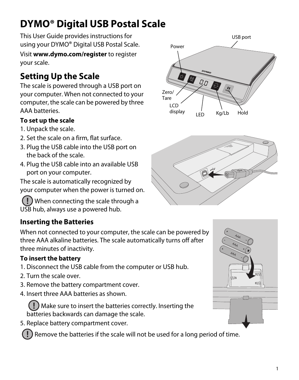 Dymo® digital usb postal scale, Setting up the scale, Inserting the batteries | Dymo M5 User Manual | Page 5 / 102