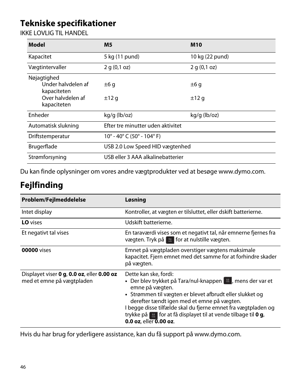 Tekniske specifikationer, Fejlfinding | Dymo M5 User Manual | Page 50 / 102