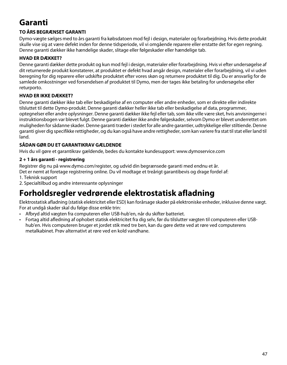 Garanti, Forholdsregler vedrørende elektrostatisk afladning | Dymo M5 User Manual | Page 51 / 102